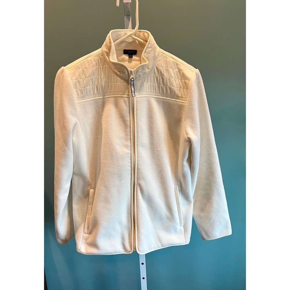 Talbots Jacket Women LP Ivory White Fleece Full Zip Quilted Yoke Mock Neck Cozy